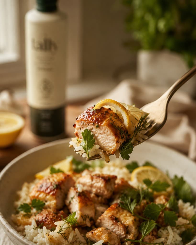 A forkful of lemon-herb chicken and rice with a tally bottle in the kitchen behind it