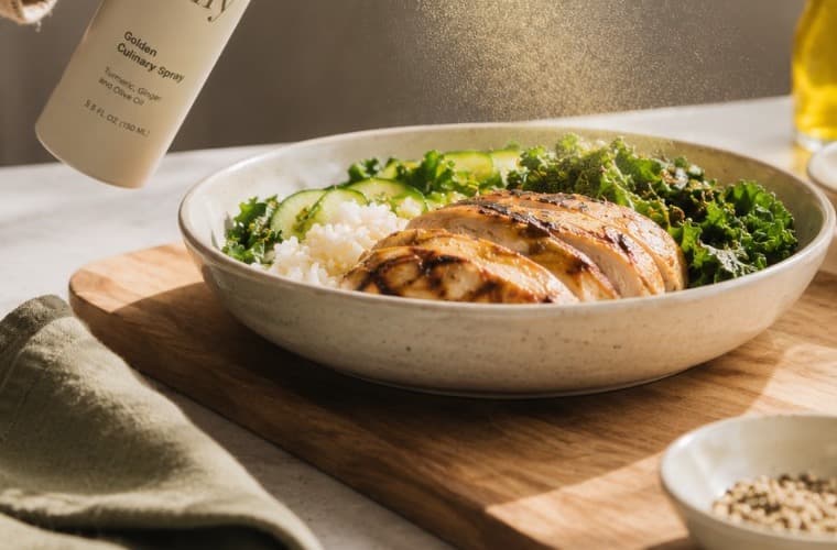 Close view of a chicken, rice, cucumber, and greens bowl